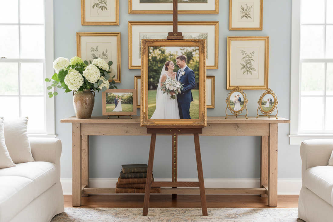 Elegant wedding photo display featuring multiple decorative easels on a console table with framed wedding portraits, vintage books, and fresh flowers in a French country farmhouse style interior