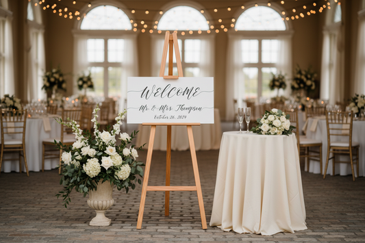 Elegant wooden A-frame easel displaying a welcome sign at an upscale event entrance with soft lighting and floral decor