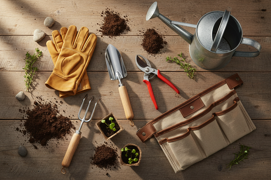 Essential gardening tools for beginners including hand trowel, pruning shears, garden gloves, garden fork, watering can, and canvas tool belt arranged on rustic wooden surface with seedlings and soi
