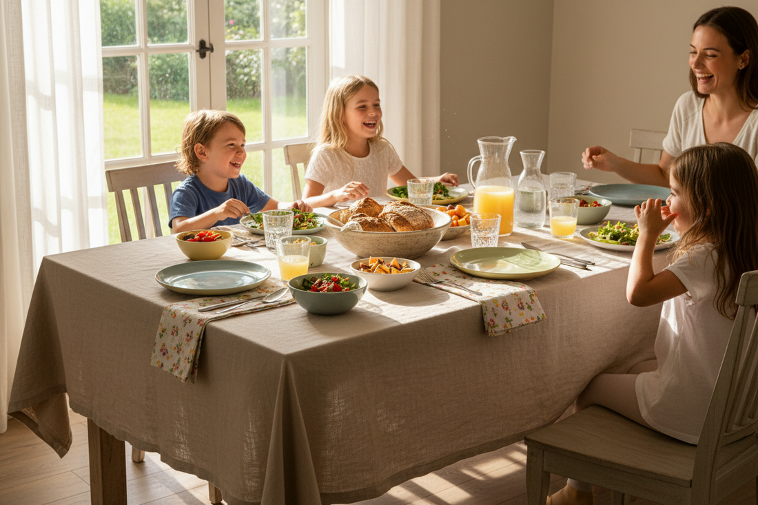 ): "Family dining table with washable linen tablecloth in neutral tone, set for a meal with natural lighting