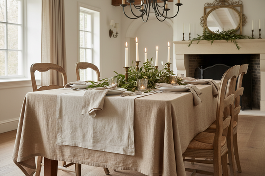 Farmhouse dining table styled with natural linen tablecloth, table runner, and napkins in French country aesthetic
