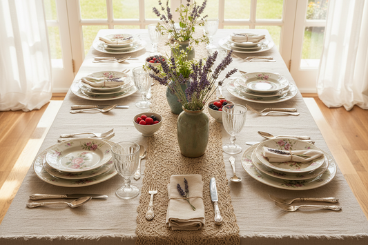 Elegant French country spring brunch table setting with vintage linen tablecloth, lace runner, fresh lavender, pastel floral china, and rustic farmhouse décor in soft natural lighting