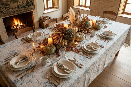Elegant French country Thanksgiving table setting with vintage linen tablecloth, autumn centerpiece, and warm lighting