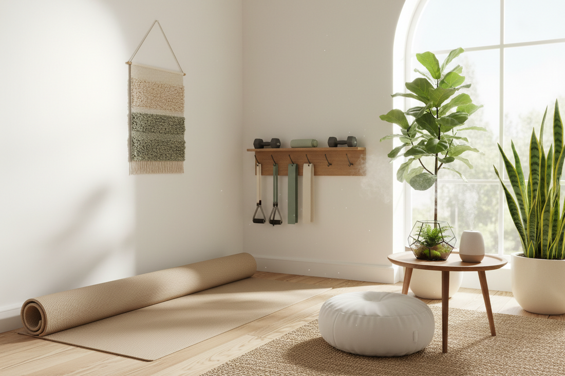 "Modern home wellness sanctuary featuring organized fitness equipment, yoga mat, indoor plants, and natural lighting creating a serene space for exercise and meditation
