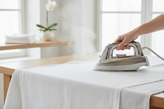 Steam iron pressing white linen tablecloth on ironing board