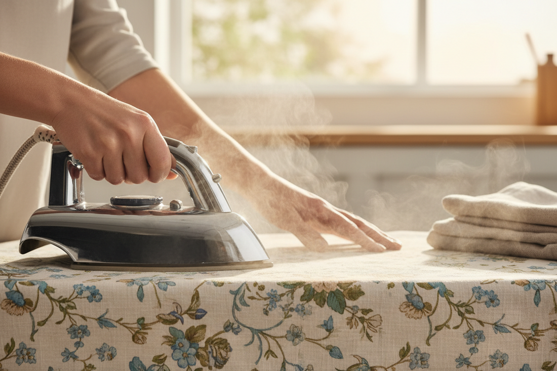 Hands carefully ironing vintage floral linen tablecloth with steam iron showing proper pressing technique
