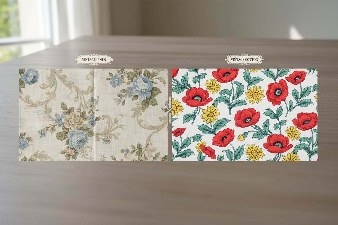 Side by side comparison of vintage linen and cotton tablecloth textures showing fabric weave and quality differences