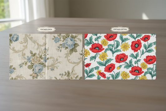 Side by side comparison of vintage linen and cotton tablecloth textures showing fabric weave and quality differences