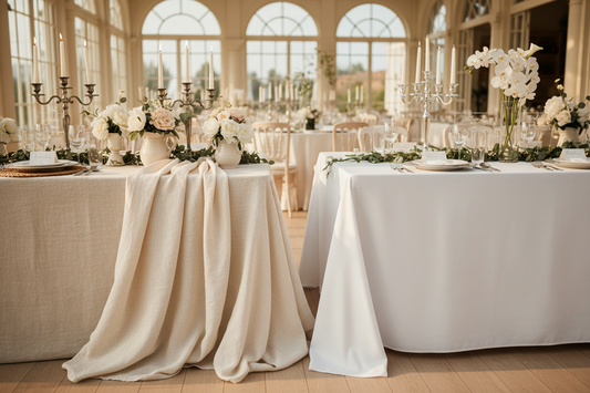 Side by side comparison of elegant linen and polyester tablecloths on beautifully styled dining tables with wedding décor, candles, and vintage French country styling