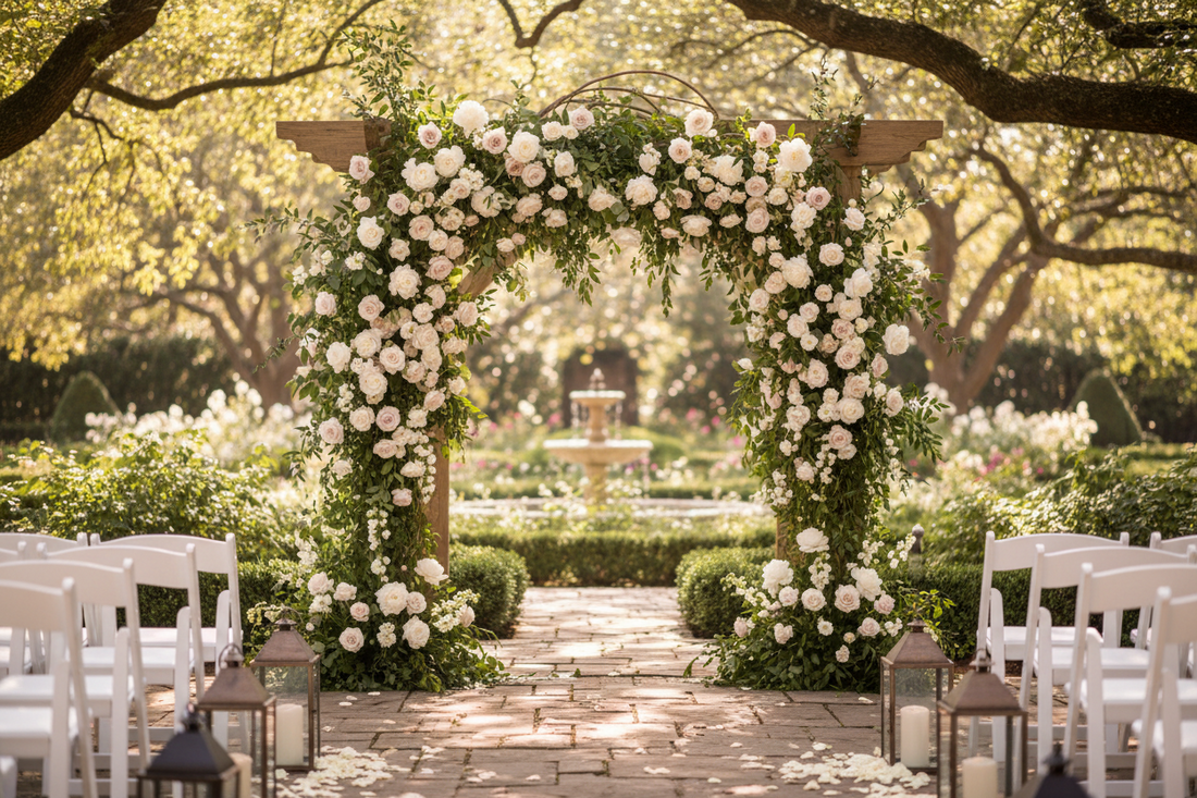 Elegant outdoor wedding ceremony arch adorned with white and blush pink roses, peonies, and lush greenery in a sunlit garden setting