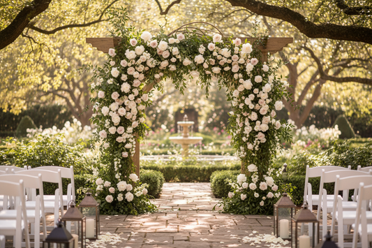 Elegant outdoor wedding ceremony arch adorned with white and blush pink roses, peonies, and lush greenery in a sunlit garden setting