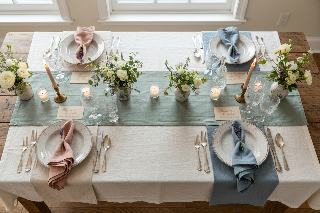Elegantly styled tablescape showing how to mix and match table linens with layered ivory tablecloth, sage green runner, and coordinated napkins in French country farmhouse style for weddings and dinner parties