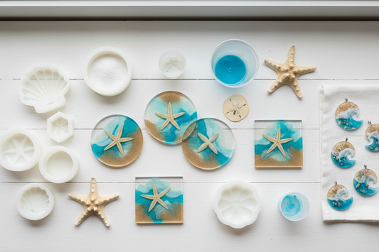 Coastal resin craft supplies including starfish, sand dollars, clear epoxy resin coasters, and finished ocean-themed DIY projects arranged on white workspace