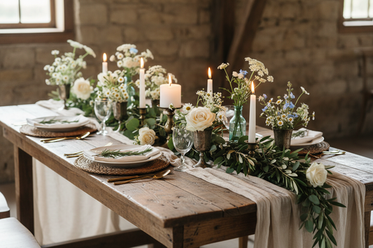 Natural linen table runner on rustic wooden farm table with eucalyptus garland and candles for wedding reception