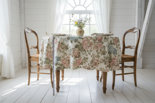 Small cozy dining room with round table covered in elegant vintage floral tablecloth showing proper 8-inch drop length, measuring tape on table edge, French country farmhouse style with natural light
