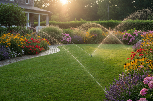 Lush green lawn being watered by sprinkler system in early morning sunlight with healthy flower beds