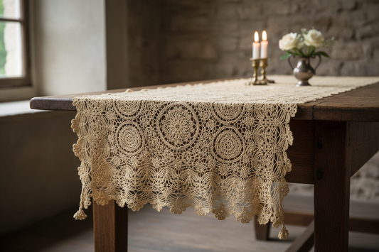 Elegant vintage lace tablecloth with intricate hand-finished details on wooden table