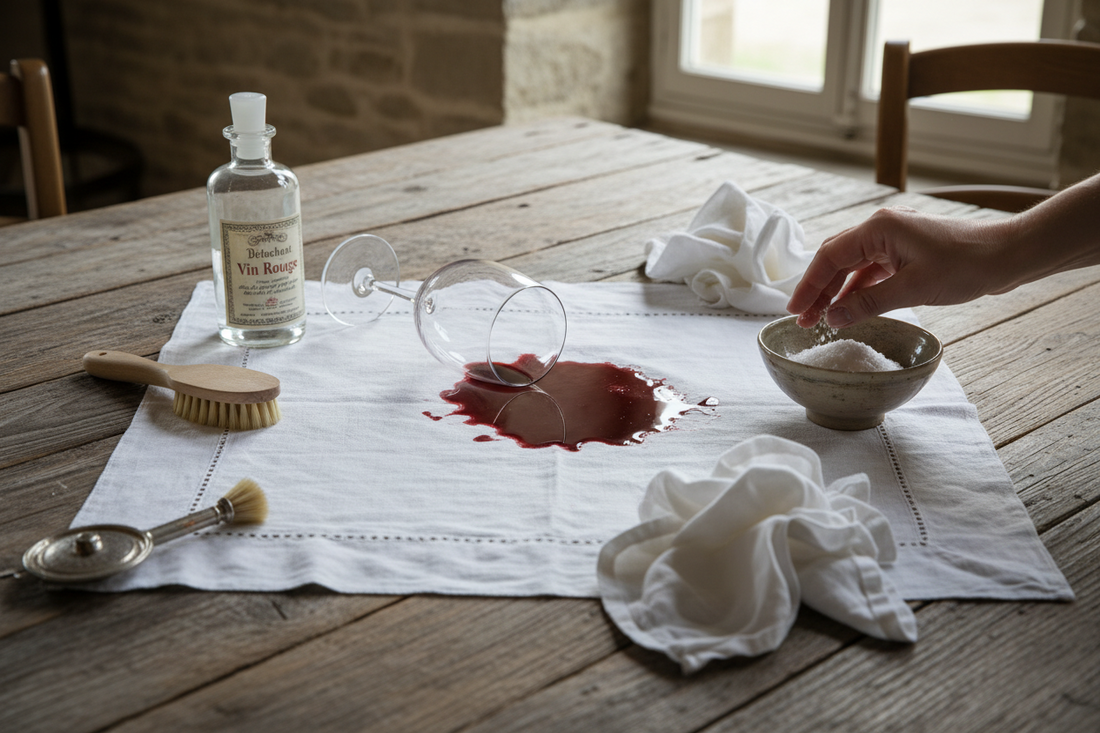  Vintage white linen tablecloth with wine stain being treated with cleaning supplies and salt on rustic wooden table