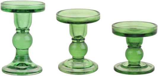 3-Piece Set of Green Glass Candlestick, Crystal Candlestick Holder Holder and Conical Candle, Christmas Candle Holder Decoration, Family Living Room Wedding Candle Holder (green1set)