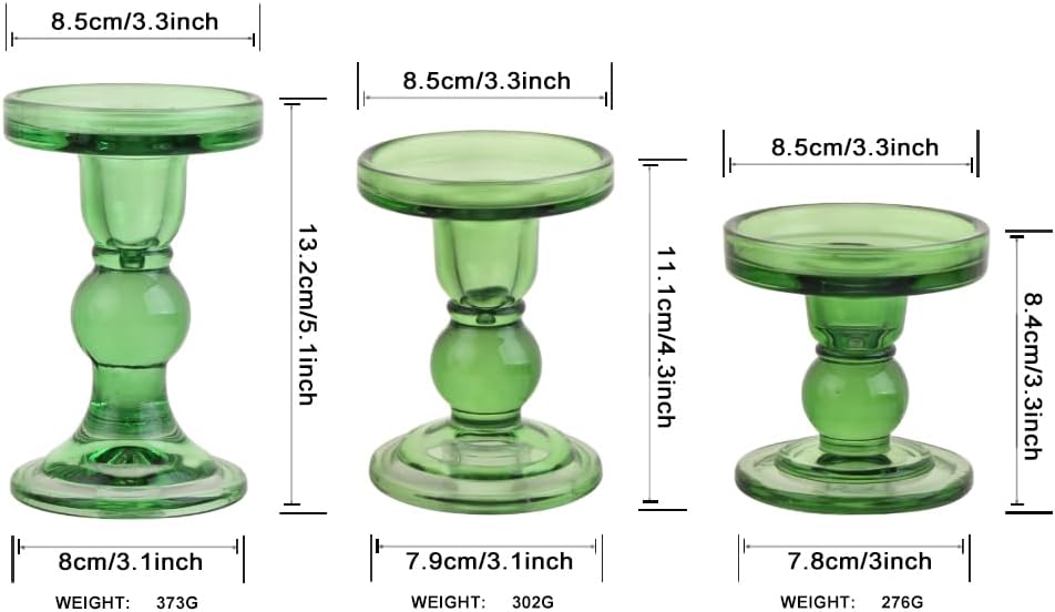 6-Piece Set of Green Glass Candlestick, Crystal Candlestick Holder Holder and Conical Candle, Christmas Candle Holder Decoration, Family Living Room Wedding Candle Holder (green2sets)