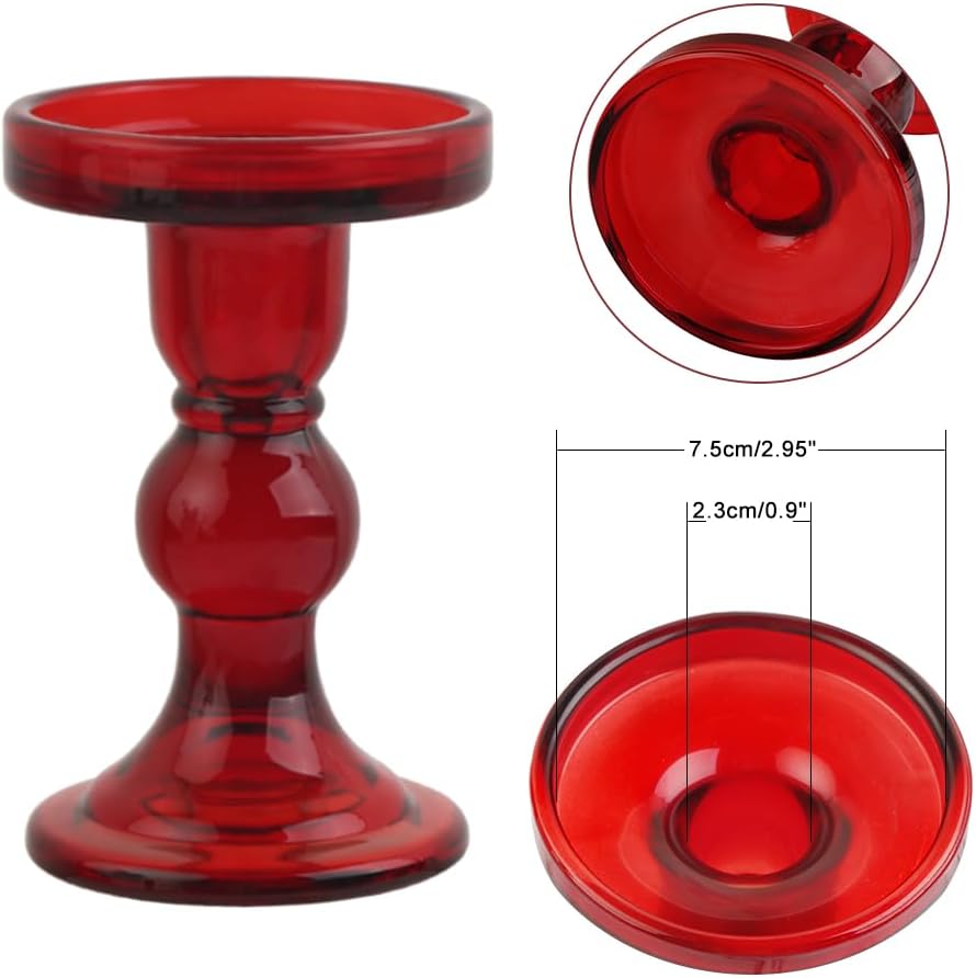 6-Piece Set of Red Glass Candlestick, Crystal Candlestick Holder Holder and Conical Candle, Christmas Candle Holder Decoration, Family Living Room Wedding Candle Holder (red2sets)