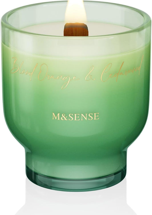M&SENSE 9.88oz Natural Soy Wax Jar Candle with Wooden Wick | Blood Orange & Cedarwood Scent | 55-Hour Burn & Long-Lasting Burn | Housewarming Gift for Men and Women