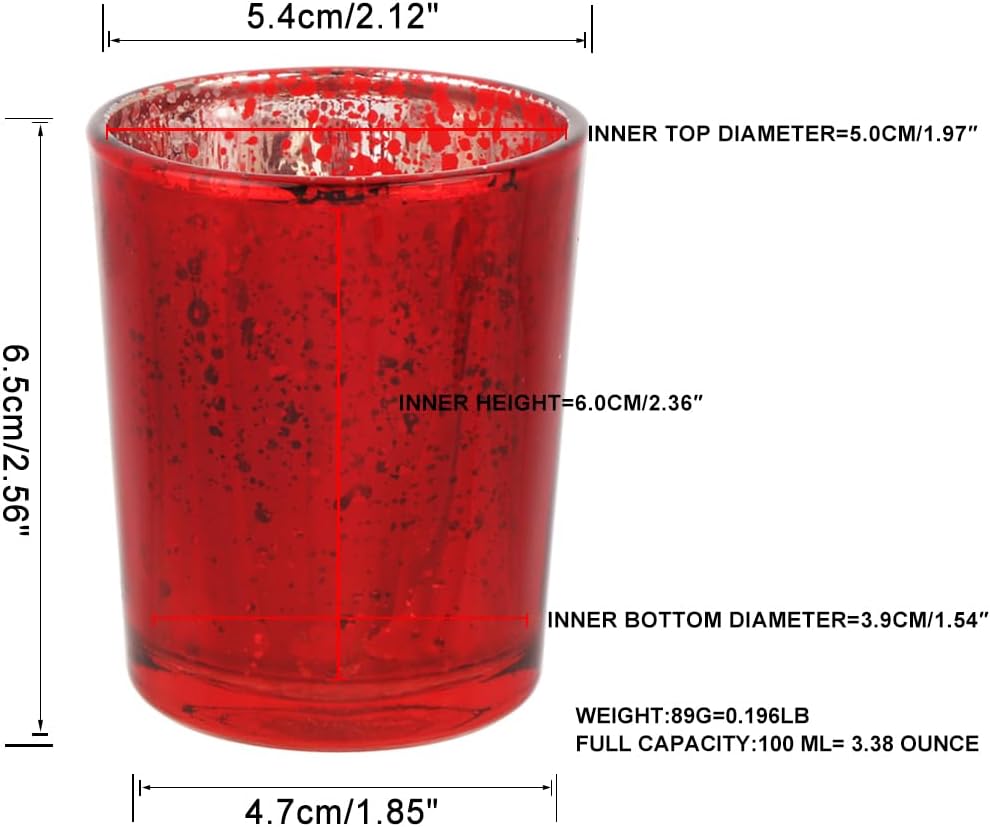 Red Mercury Glass Tea Light Holders Set of 36 - Elegant Votive Candle Holders for Weddings, Showers and Home Decor - Perfect for Table Centerpieces and Parties (Glass, Red)