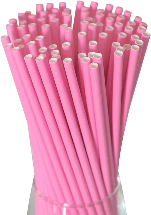 Pink Cocktail Paper Straws - Biodegradable Disposable Drinking Straws for Weddings, Birthdays, Baby Showers, Party Supplies, 100 Pack Bulk, 7.75" x 0.24"