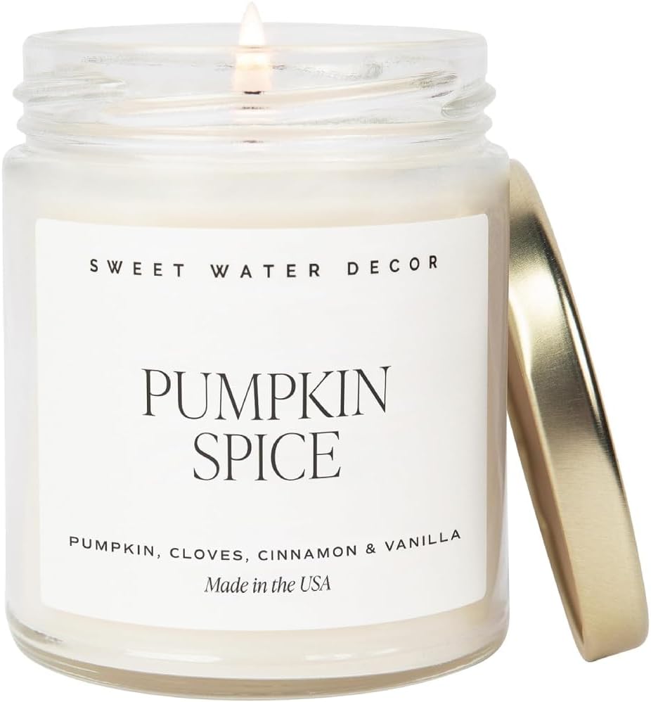 Sweet Water Decor Pumpkin Spice Candle - Fall Candles with Pumpkin, Clover, Cinnamon & Vanilla Scent for Home - Autumn Candle with 40 Hours Burn Time - 9Oz Gold Lid Clear Jar Pumpkin Soy Candles
