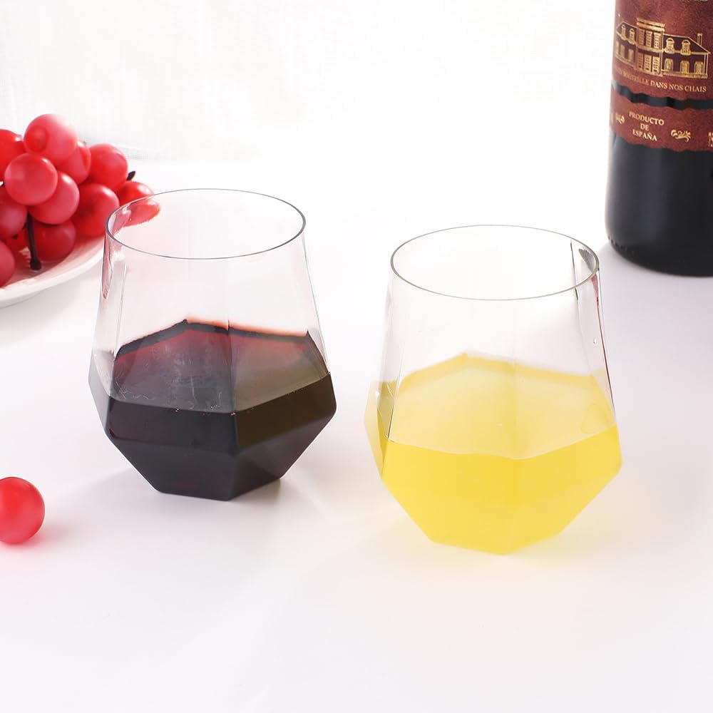 32pcs 12oz Disposable Wine Glasses Plastic Wine Glass Clear Plastic Stemless Unbreakable Shatterproof Glassware Recyclable Diamond Design
