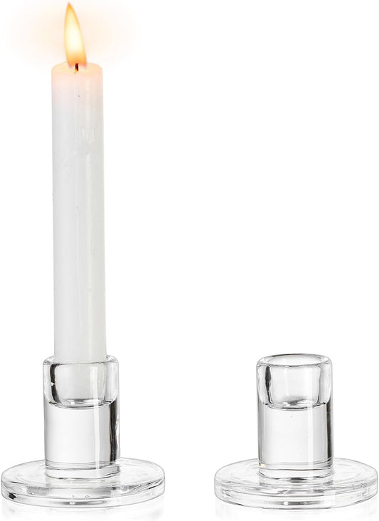 NUPTIO Glass Taper Candle Holders: Set of 2 Clear Small Candlestick Tapered Holder for Candles Sticks Modern Short Tapers Candleholders for Wedding Christmas Thanksgiving Party Table Decor