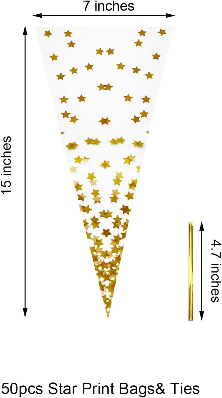 EKAPACKAGING 50Pcs Star Print 7x15 Inches Cone Shaped Treat Cellophane Bags Twist Tie Triangle Christmas Party Favor Cotton Candy Bags With Ties For Popcorn, Chocolates, Ice Cream Cone