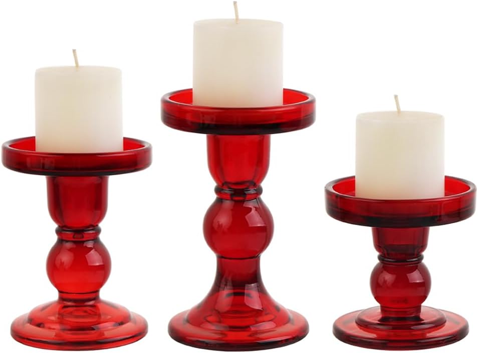 3-Piece Set of Red Glass Candlestick, Crystal Candlestick Holder Holder and Conical Candle, Christmas Candle Holder Decoration, Family Living Room Wedding Candle Holder (red1set)