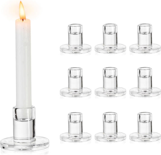 NUPTIO Glass Candle Stick Holder: Set of 10 Clear Small Taper Candlestick Holders for Tapered Candles Bulk Crystal Short Tapers Candlesticks Candleholder for Dining Table Fireplace Mantle Decor
