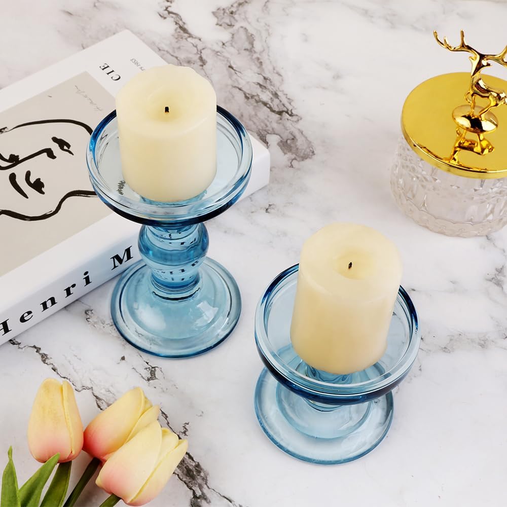 3-Piece Set of Blue Glass Candlestick, Crystal Candlestick Holder Holder and Conical Candle, Christmas Candle Holder Decoration, Family Living Room Wedding Candle Holder (Blue)