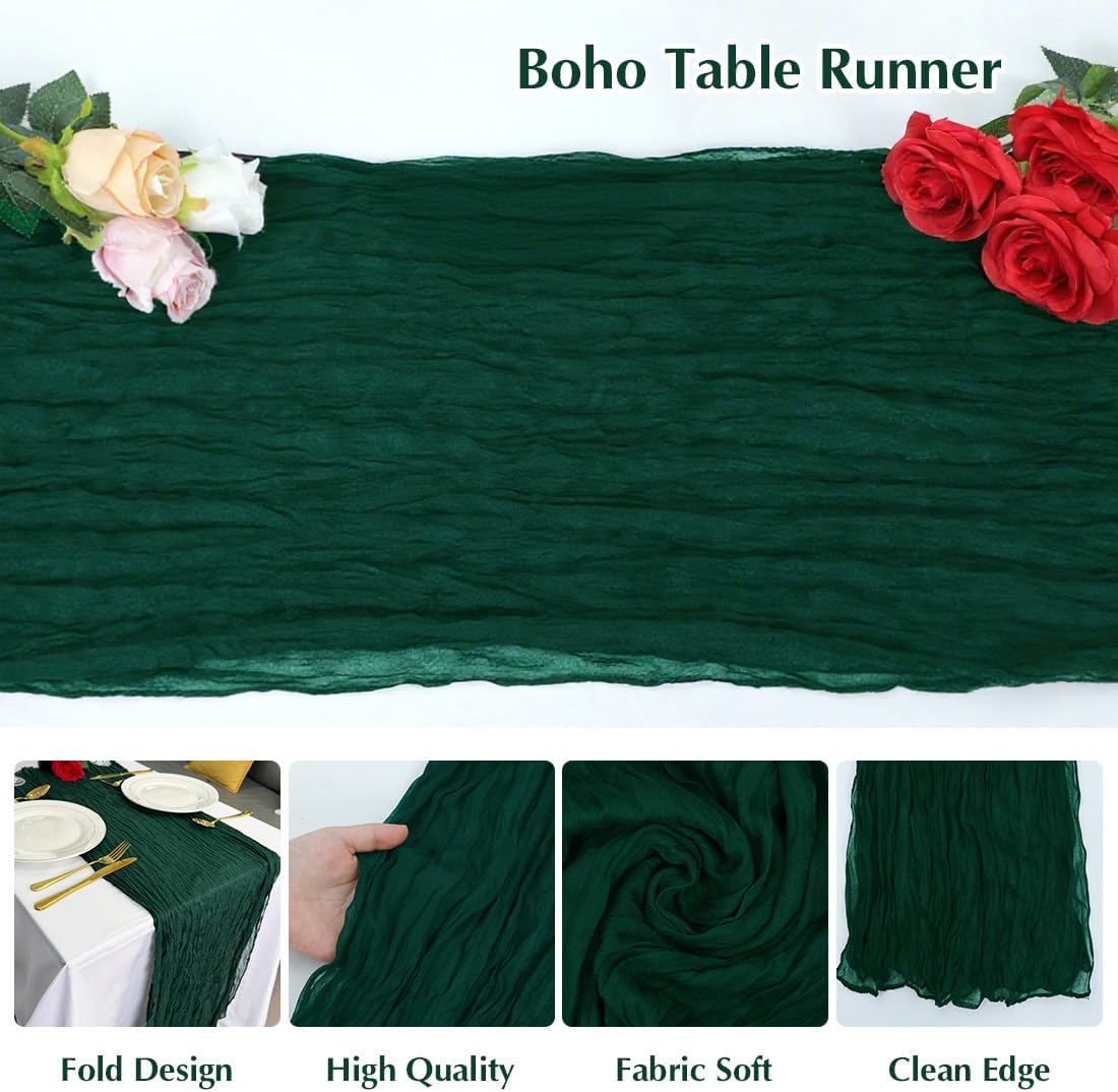 10 Pack Blackish Green Cheesecloth Table Runner -21*120Inch Long Boho Wedding Table Decor, Rustic Gauze Fabric Runner for Bridal Showers, Baby Showers & Parties (Sheer, Lightweight, Wrinkled Design)