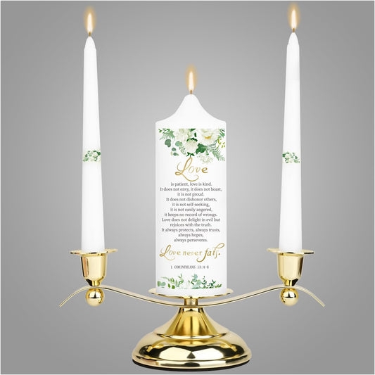 3 Unity Floral Candles for Wedding Ceremony Set with Golden Holder, Wedding Accessories for Reception