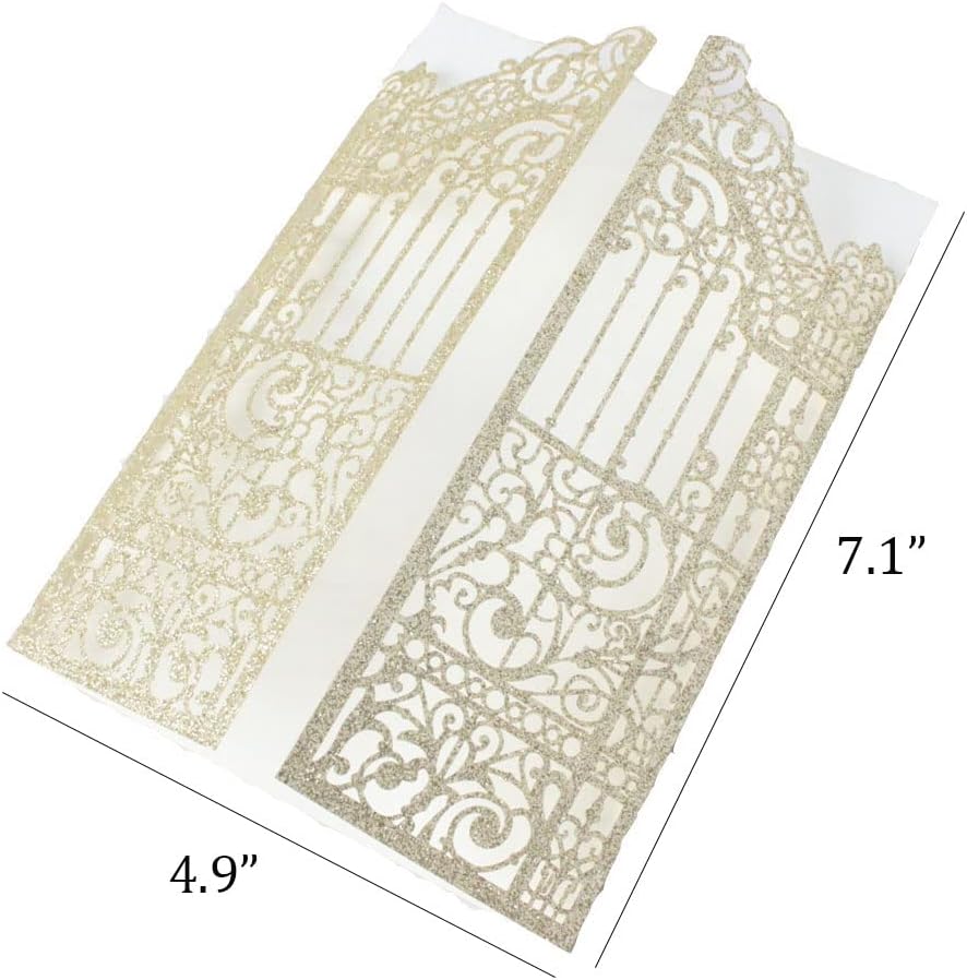 MillaSaw Glittery Gold Gate Laser Cut Invitation Card For Wedding Engagement Bridal Shower Quinceanera 25Pcs (4.9"x7.1", Gold)
