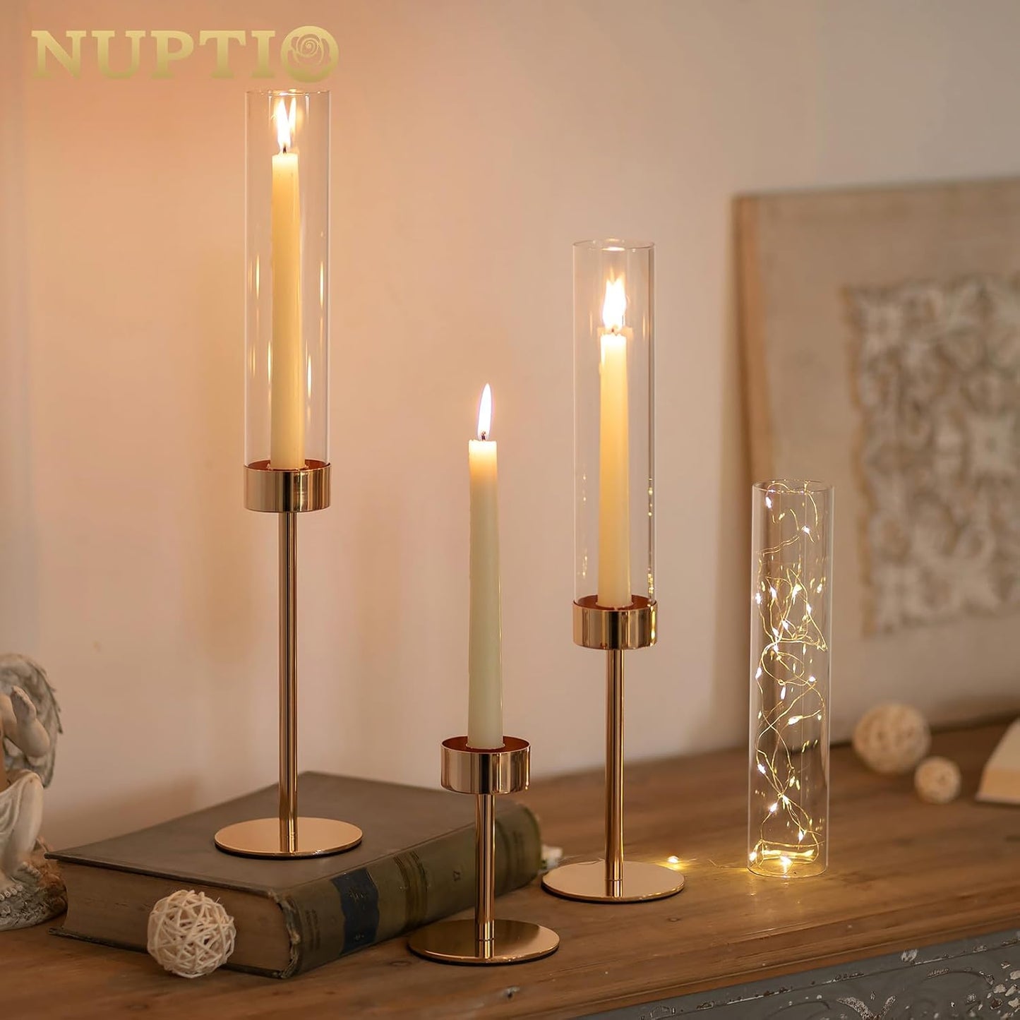 NUPTIO Hurricane Candle Holder for Candlestick: 6 Pcs Gold Taper Candlestick Holders - Tall Modern Candles Stick Decor with Cylinder Shape Cover for Dinner Table Centerpiece