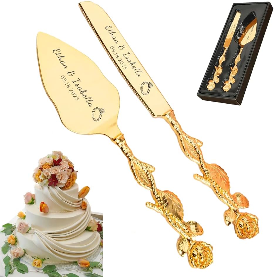 Engraved Personalized Gold Wedding Cake Knife and Server Set - Custom Bridal Cake Serving Gift for Anniversary, Engagement, Birthday Gift