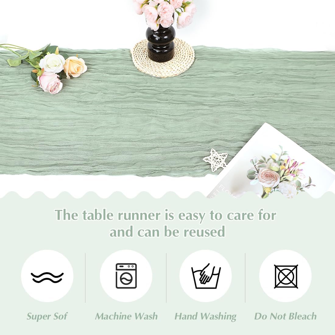 10 Pack Sage Green Cheesecloth Table Runner -21*120Inch Long Boho Wedding Table Decor, Rustic Gauze Fabric Runner for Bridal Showers, Baby Showers & Parties (Sheer, Lightweight, Wrinkled Design)