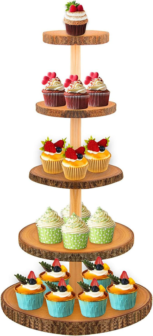 5-Tier Rustic Wooden Cupcake Stand - Large Capacity Display Stand for Woodland Baby Showers, Weddings, Birthdays, Parties, and Farmhouse Decor.