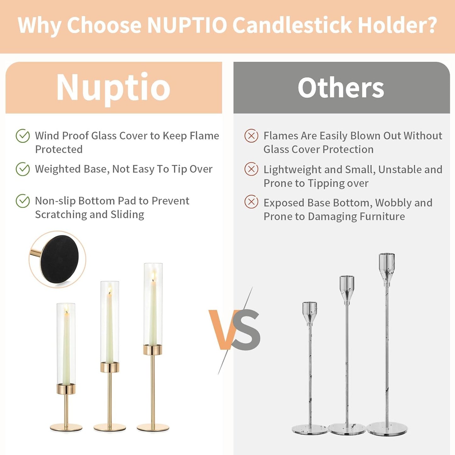 NUPTIO Hurricane Candlestick Holders for Centerpiece: Gold Taper Candles Stick Holders with Clear Glass Chimney - Tall Candleholder Set of 3 for Birthday Party Outdoor Decor