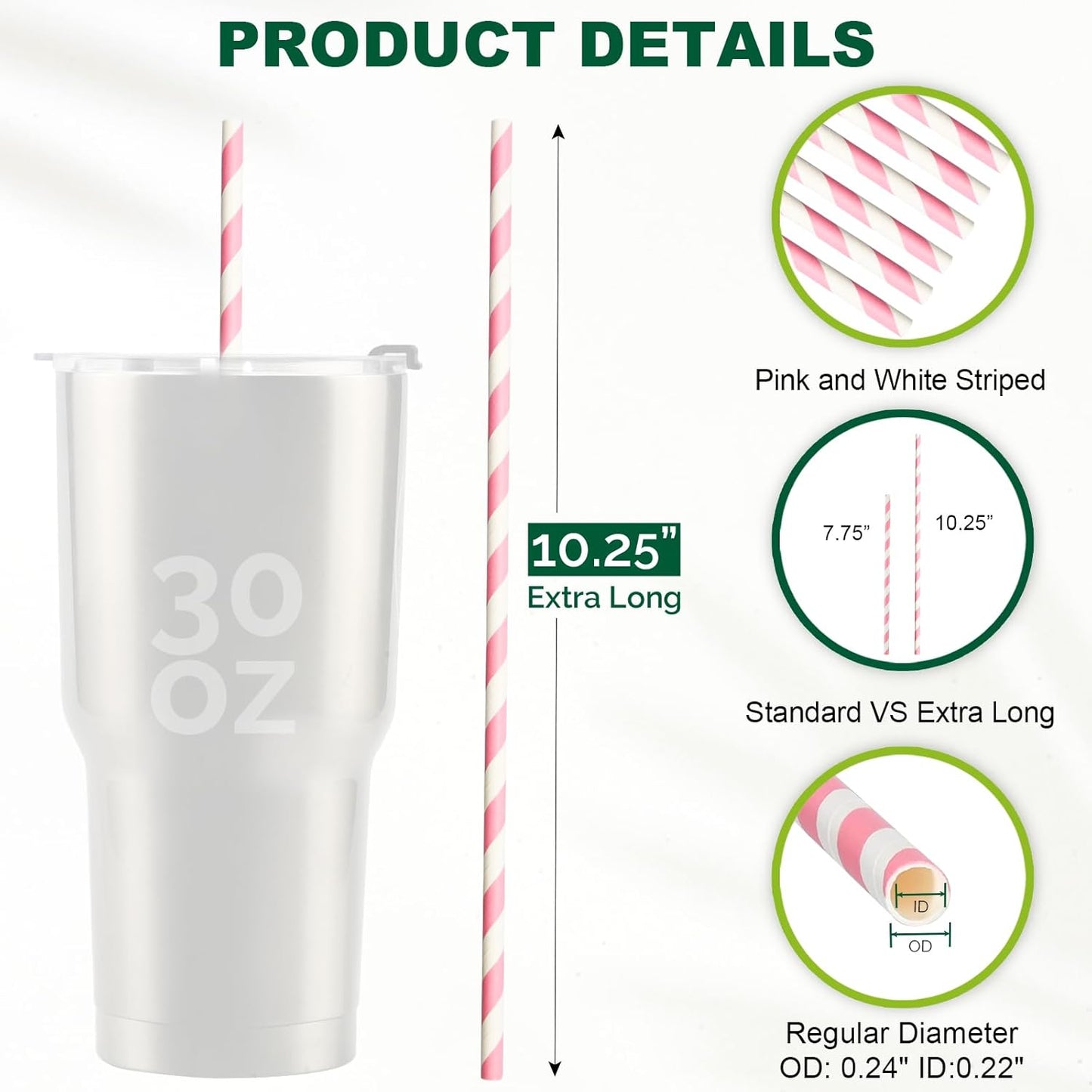 10.25" Long Pink/White Striped Disposable Paper Drinking Straws Bulk - Unwrapped [600 Counts]