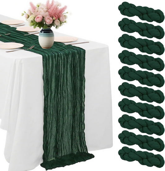 10 Pack Blackish Green Cheesecloth Table Runner -21*120Inch Long Boho Wedding Table Decor, Rustic Gauze Fabric Runner for Bridal Showers, Baby Showers & Parties (Sheer, Lightweight, Wrinkled Design)