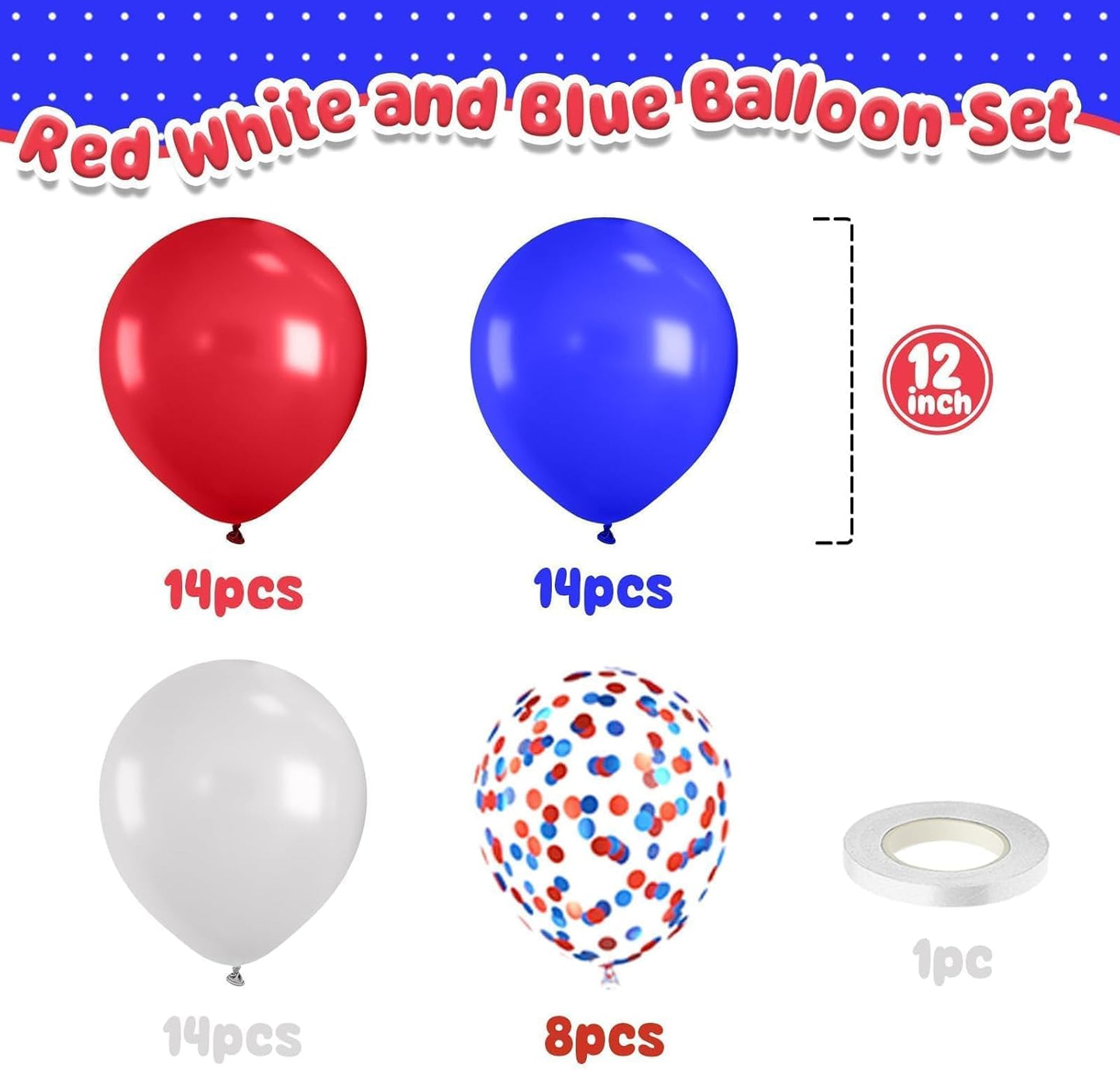 Red White Blue Balloons,50 Pcs 12 Inch Red Blue White Confetti Latex 4th of July Patriotic Nautical Baseball Birthday Graduation Party Supplies