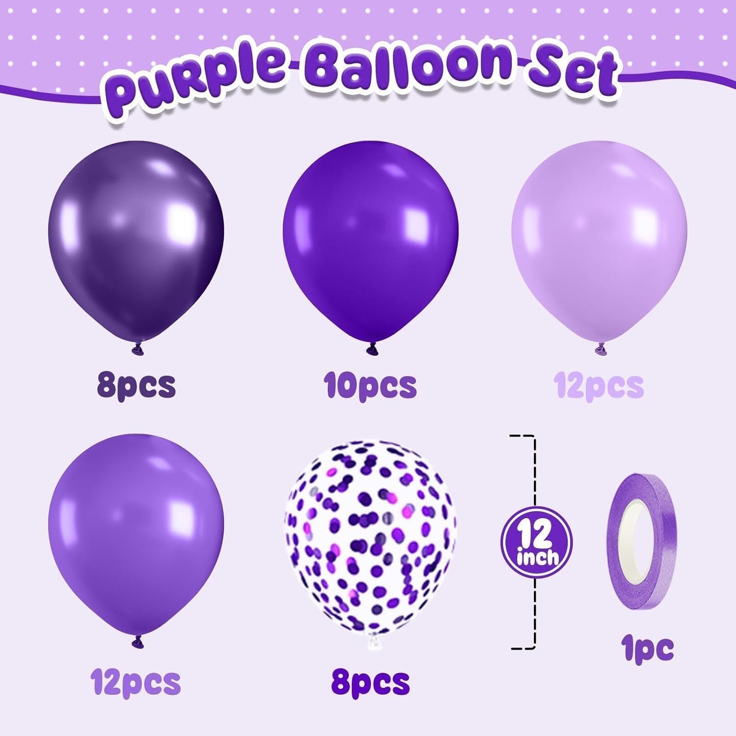 Purple Balloons,50Pcs 12 Inch Metallic Lavender Black Purple Confetti for Princess Girl Birthday Bridal Shower Wedding Anniversary Party Supplies