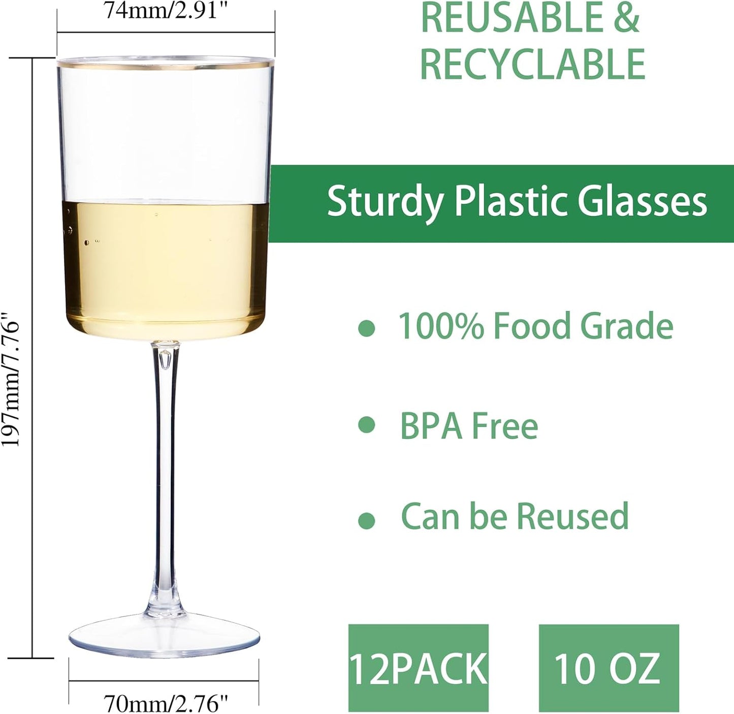 Ciaell 12 Pack Plastic Wine Glasses - 10 Oz Plastic Wine Glasses with Stem - Gold Rim Disposable Cups for Parties & Weddings & Poolside & Toasting & Outdoors & Thanksgiving