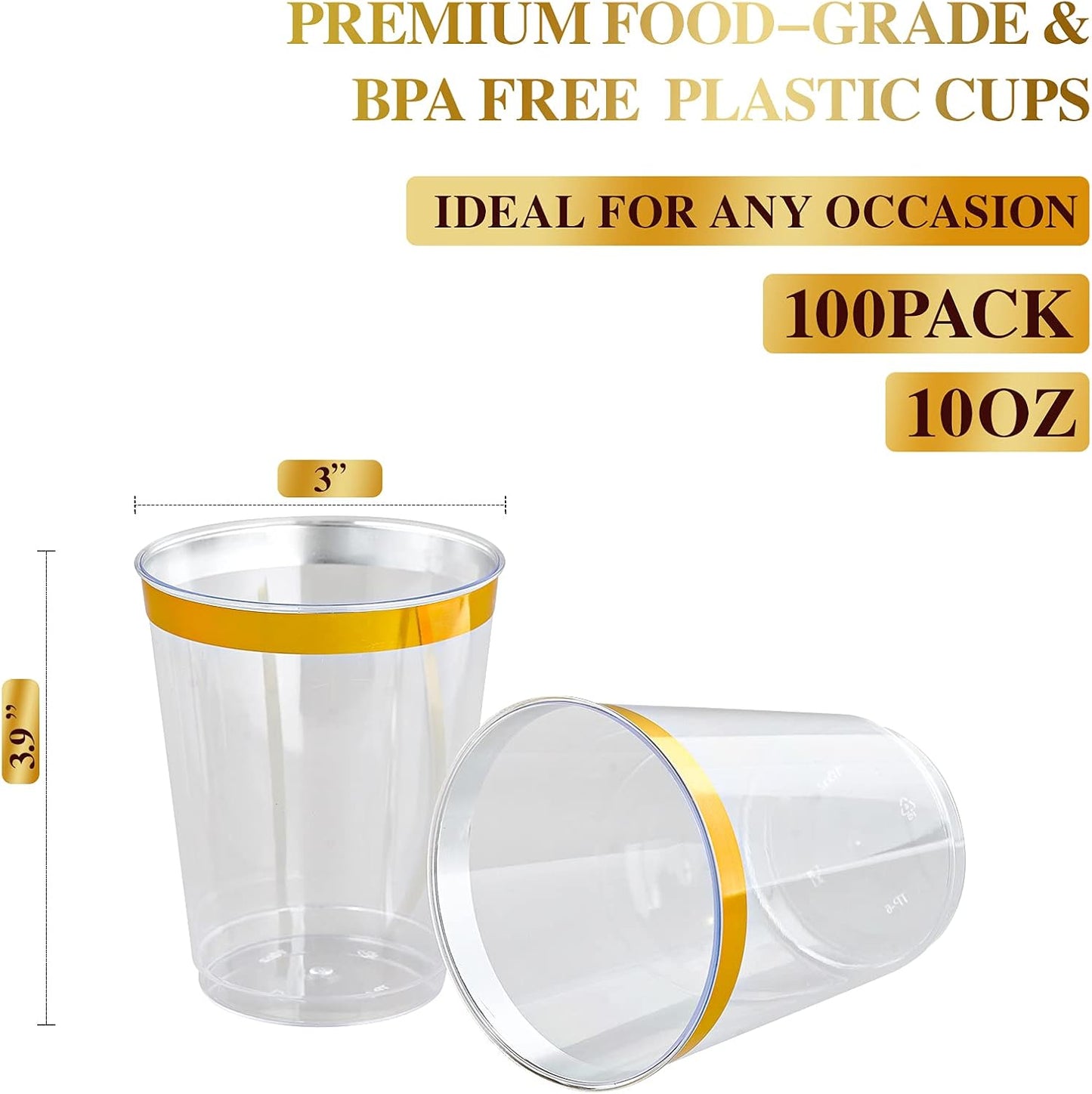 FOCUSLINE 10 oz Gold Plastic Cups, Disposable Clear Fancy Hard Plastic Cups, Gold Rimmed, Heavy Duty, Reusable,100 Count