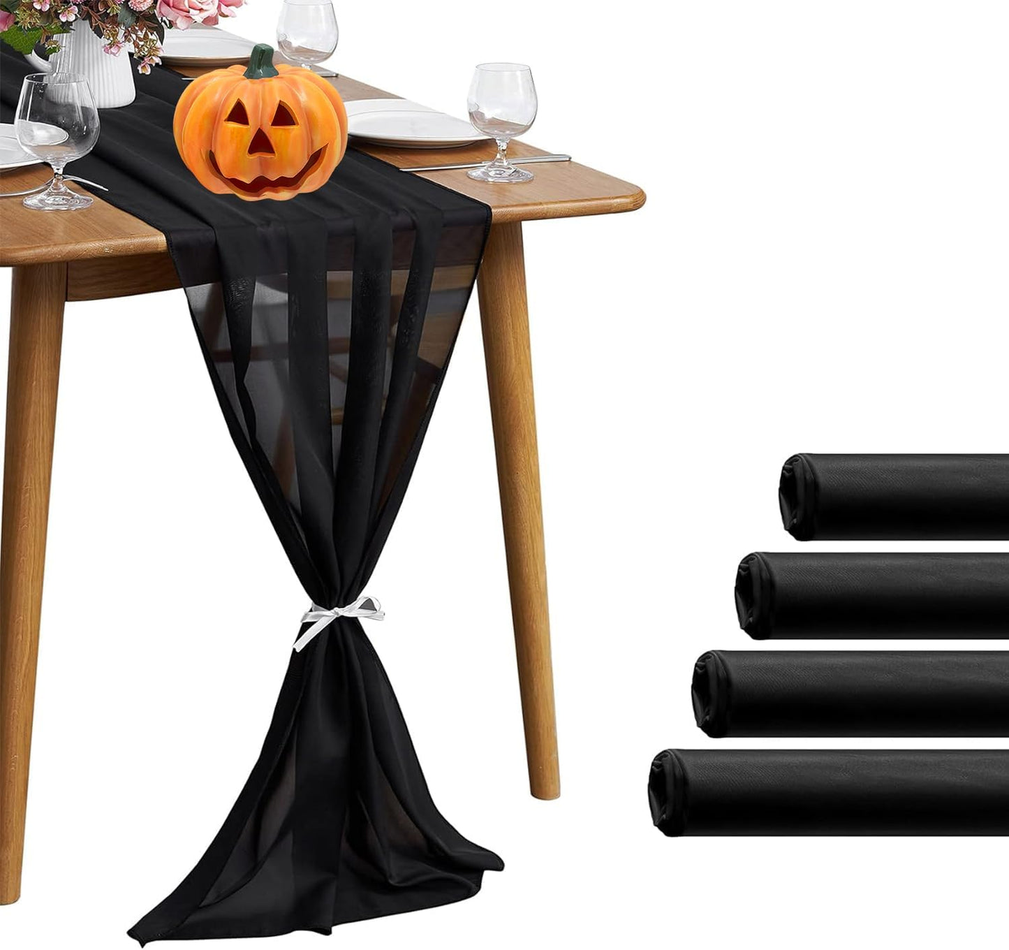 5 Pack 10Ft Black Chiffon Table Runner Sheer 29x120 Inch for Romantic Wedding Decor Bridal & Baby Shower Birthday Rustic Party Decoration